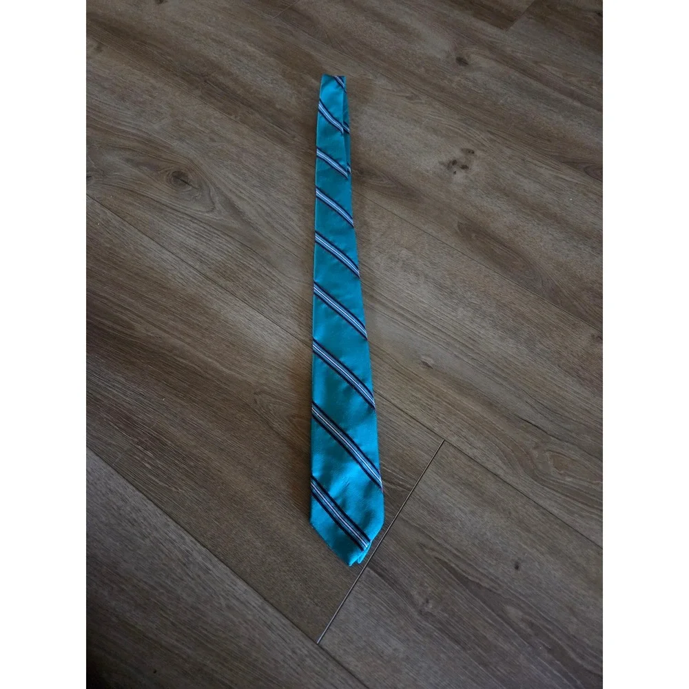 Christian Dior Vintage Teal Striped Silk Blend Tie Italian Fabric Logo - Picture 2 of 5